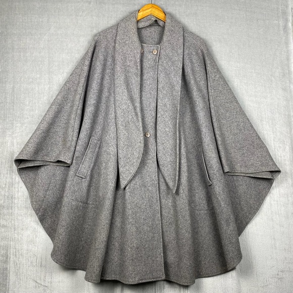Vtg Country Pacer Womens Cape Coat XL Grey Wool Attached Scarf Mod Academia Luxe - Picture 1 of 12